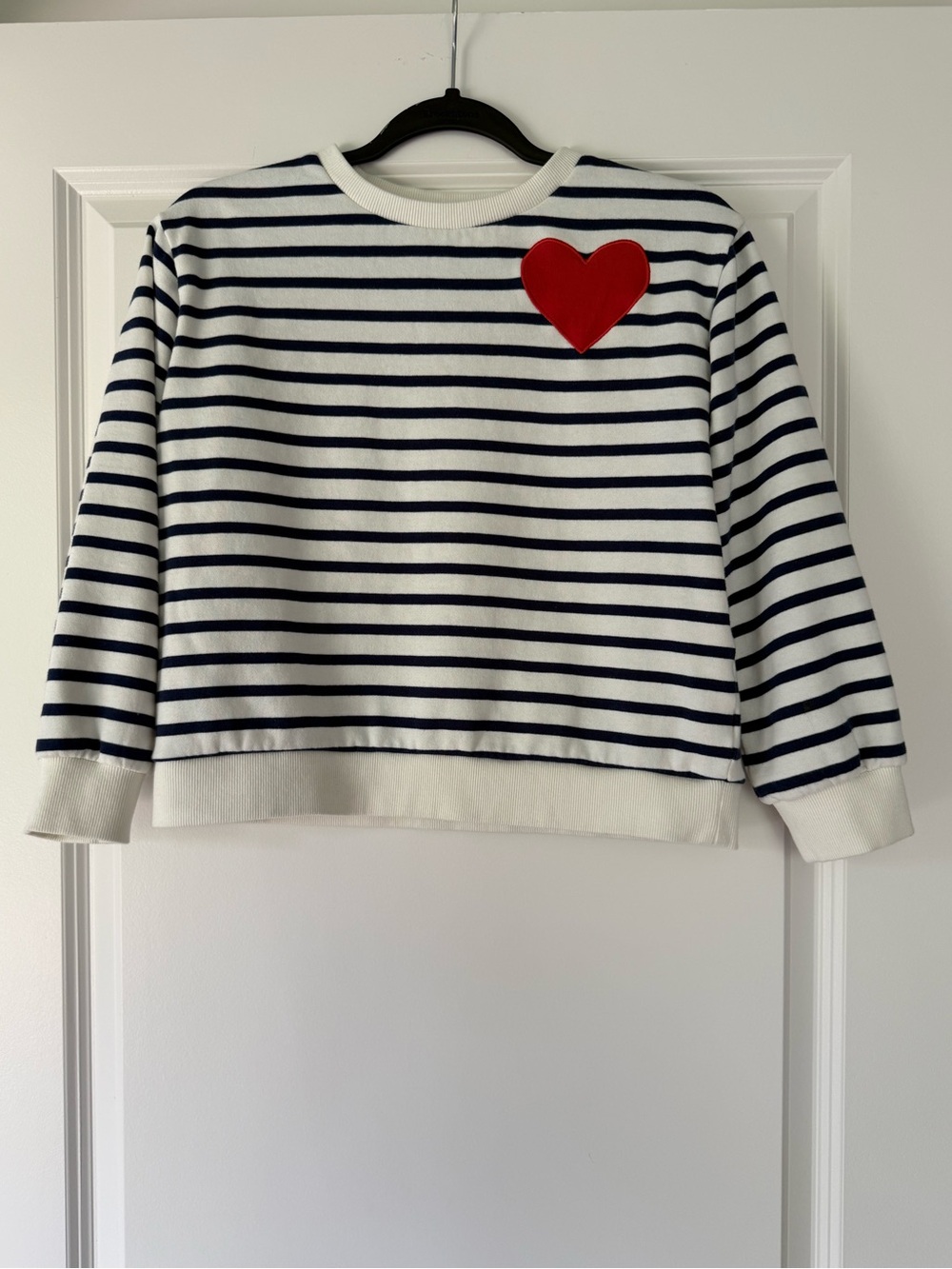 GAP White & Navy Striped Crewneck Sweater with Red Heart
